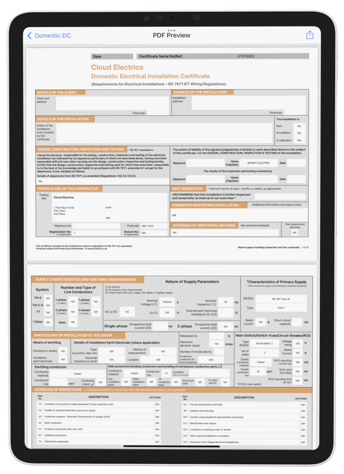 Electrical Certificates App Screenshot